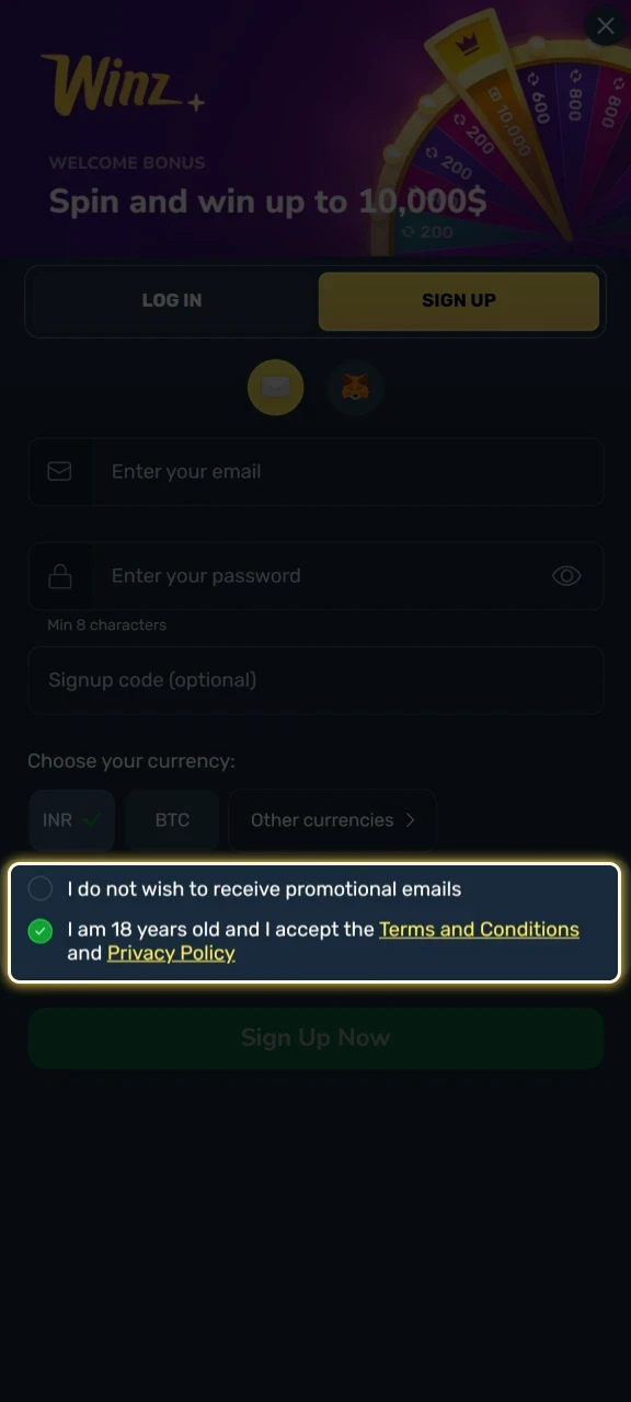 Check the box to accept the terms of use for the Winz platform.
