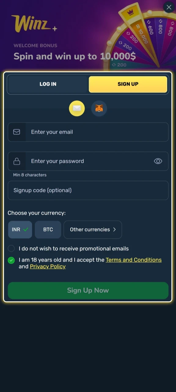 Provide your personal details and secure password when registering at Winz.