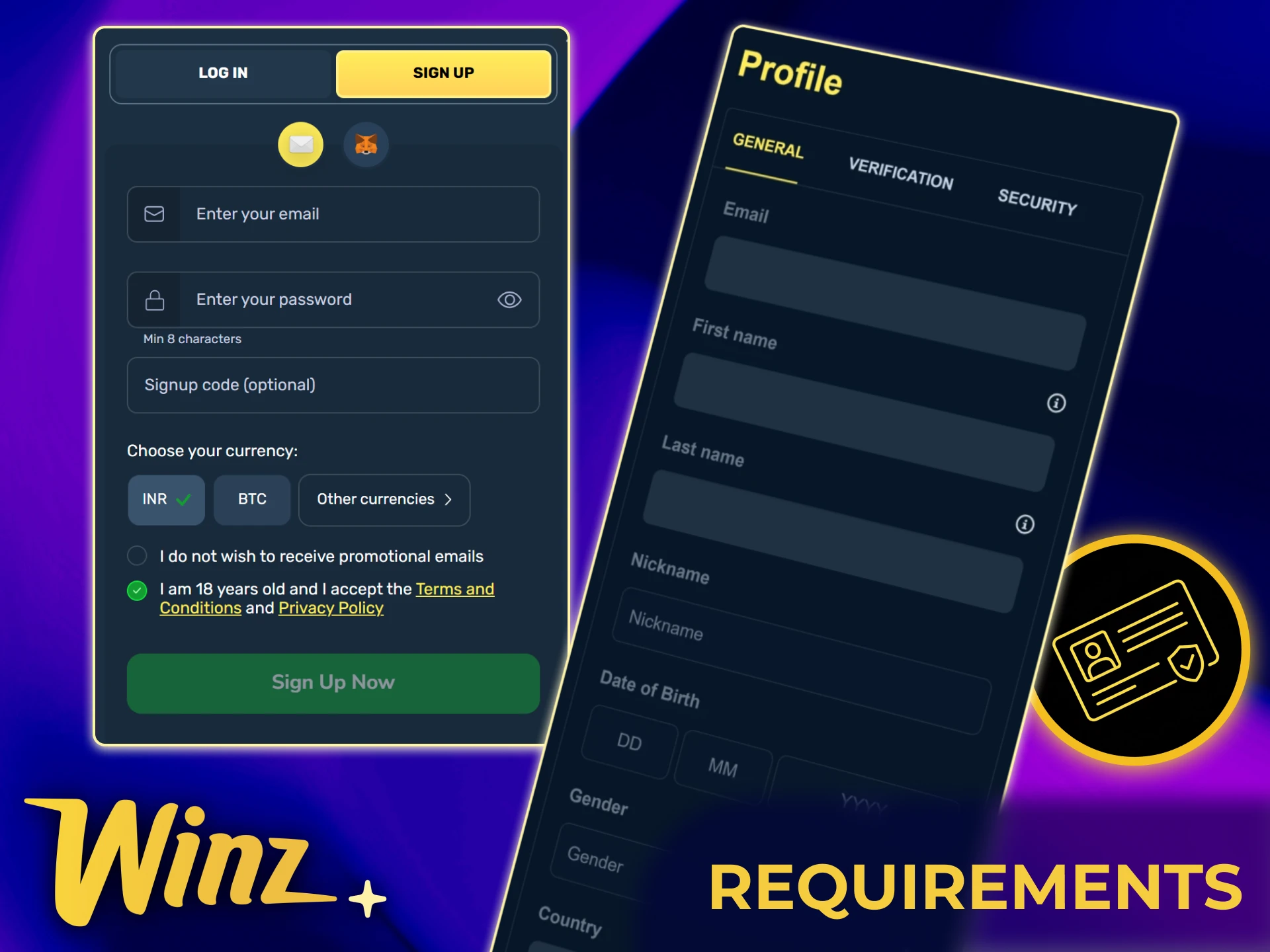 Provide your personal details and secure password when registering at Winz.